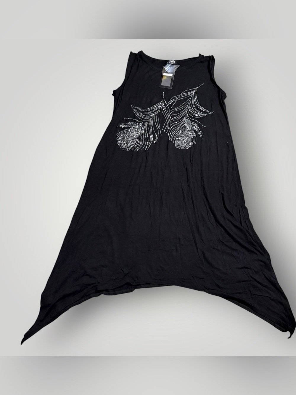 New Black Sleeveless Top with Silver Feather Design